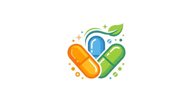 A creative and modern vector logo design showcasing colorful pill capsules in orange, blue, and green