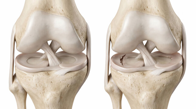 Comparison of healthy knee anatomy and meniscus tear injury showing joint ligaments and bones