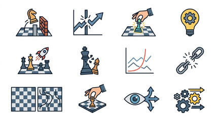Collection of business strategy and planning icons with chess pieces and graphs. © To