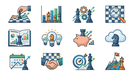 Collection of business strategy and planning icons with chess pieces. © To
