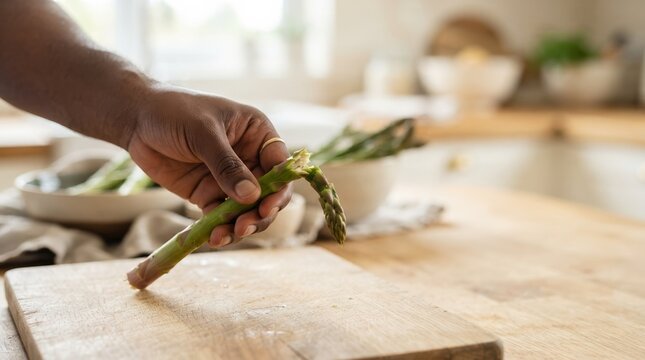 Black man hands snapping fresh green asparagus stalk in kitchen for healthy cooking preparation