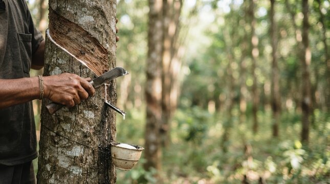 Rubber Tapper Harvesting Natural Latex from Hevea Tree in Plantation for Sustainable Rubber Production Industry