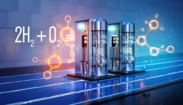 Hydrogen fuel cell reactors with chemical equation formula, futuristic green energy generation with H2 and O2 molecules concept