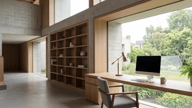 A workspace shows a wooden desk with a computer and a plant. Large windows allow natural light to enter. The area includes simple furniture and a view of greenery outside