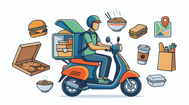 A delivery person on a scooter with food items and a map