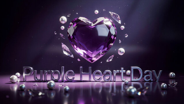 Purple heart gemstone with pearls and Purple Heart Day text on dark background