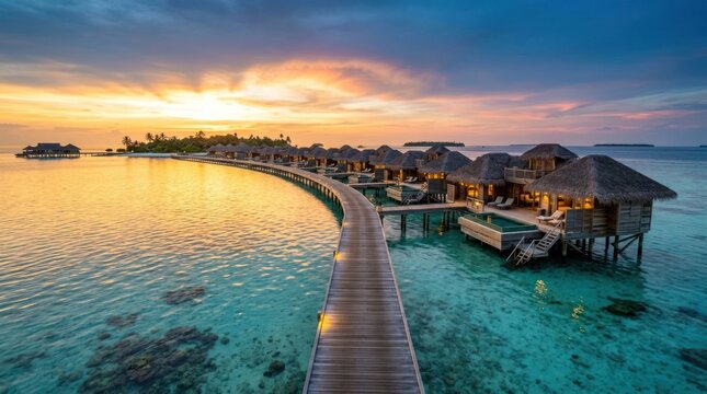 Luxury Overwater Bungalows at Sunset in Tropical Paradise 3.