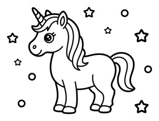 星と円に囲まれた愛らしいユニコーンの塗り絵