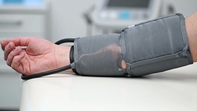 Detailed view of grey automatic blood pressure cuff wrapped around patient upper arm
