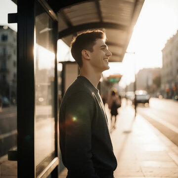 a handsome man at the bus stop. ai generation