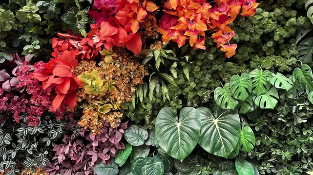 Colorful Tropical Foliage Wall with Lush Ornamental Plants
