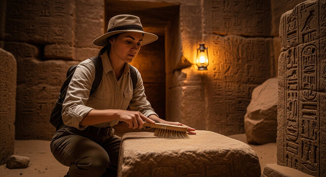 Archaeologist cleaning ancient artifact in tomb chamber