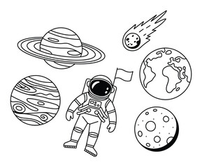 宇宙で惑星と地球と月と彗星の間を漂う宇宙飛行士