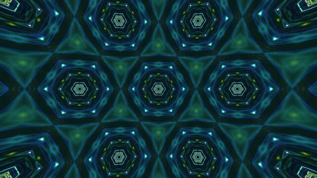 Abstract Neon Mandala Background with Kaleidoscope Effect, Bright Geometric Pattern and Seamless Fluorescent Animation