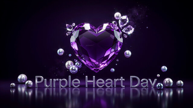 Purple heart gemstone with pearls on dark background, Purple Heart Day