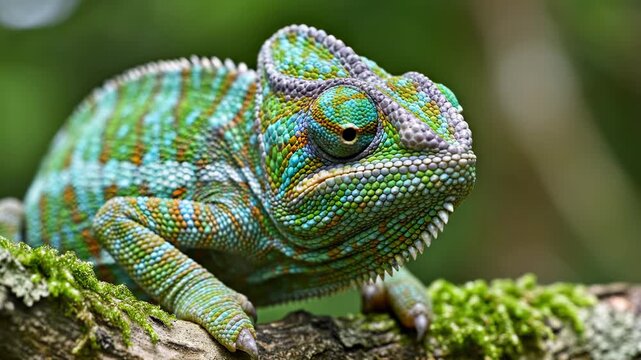 A vibrant green chameleon with textured skin perches carefully upon a mossy branch within a humid tropical rainforest environment as it intently scans the surrounding canopy for small prey