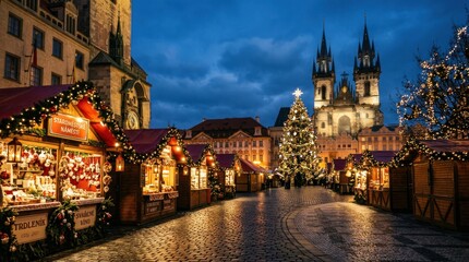 Fototapeta premium Magical Christmas Market in Old Town Square Prague at Dusk.