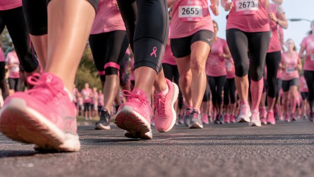 Group of women wearing pink shirts running in a charity race for breast cancer awareness on an outdoor city street during a sunny day