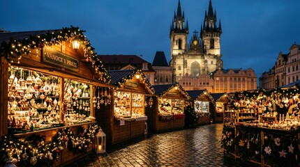 Obraz premium Magical Christmas Market in Prague at Dusk with Old Town Square and Church.