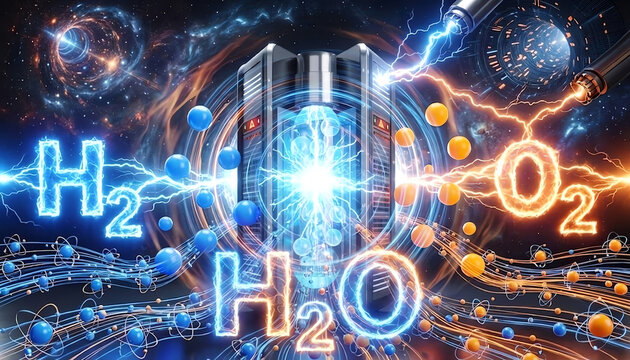 Futuristic hydrogen reactor with glowing H2, O2 and H2O molecules, quantum eco energy generation and chemical synthesis technology concept