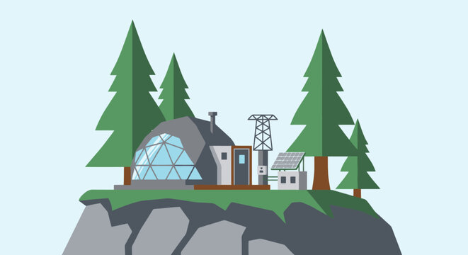 Modern geodesic dome house with solar panels on a forest mountain cliff