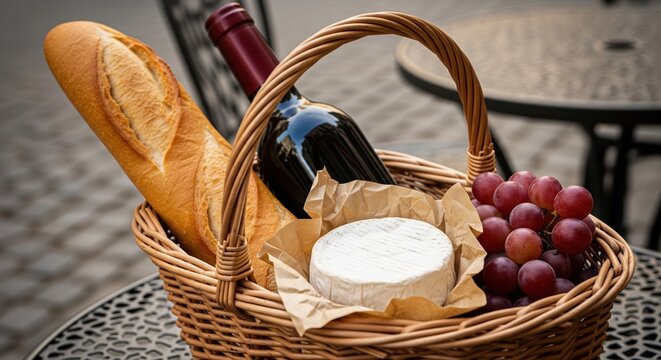 French Clich&eacute; Of A Basket With Fresh Baguette Red Wine And Soft Cheese On A Metal Table Outside