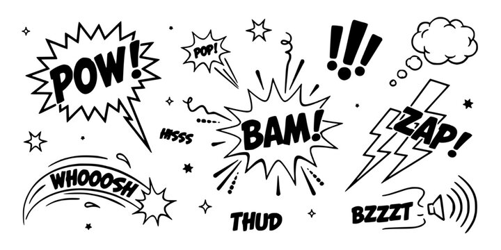 Comic Book Sound Effects and Symbols with Dynamic Speech Bubbles and Impact Words Featuring Pow, Bam, Zap with Whoosh and Thud