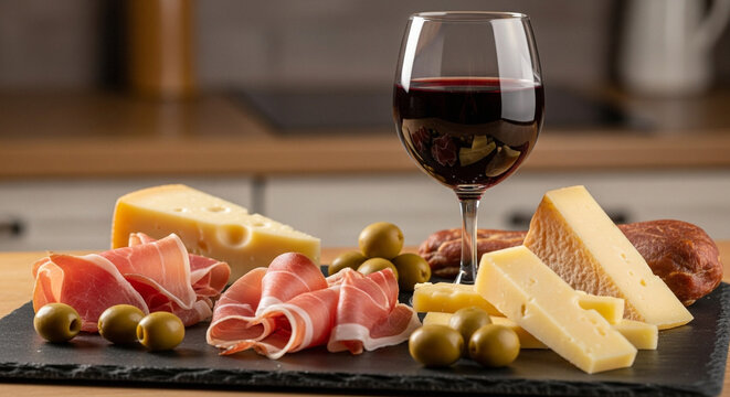 Gourmet charcuterie board with wine and cheese