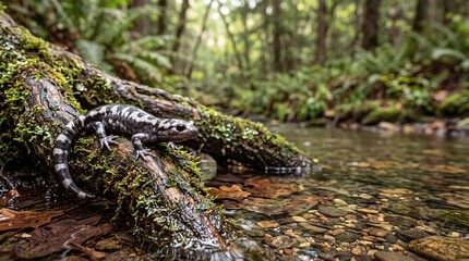 Fototapeta premium Marbled salamander perched on a mossy log over a stream in a forest