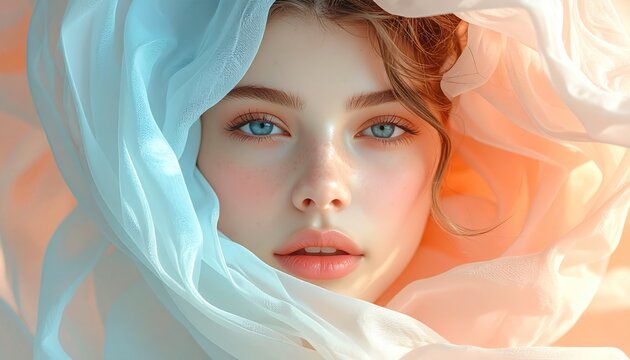 Portrait of a woman with vibrant blue eyes framed by delicate, flowing fabric