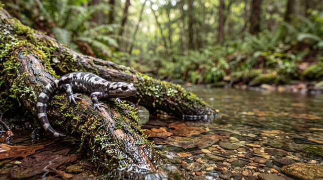 Marbled salamander perched on a mossy log over a stream in a forest
