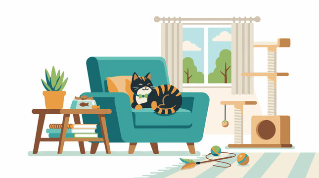 A cozy living room scene with a cat napping on a chair