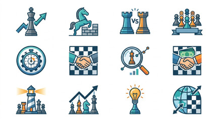 Collection of Chess Icons Representing Business Strategy and Success. © To