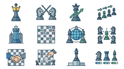 Collection of Chess Icons Representing Strategy and Business Concepts. © To