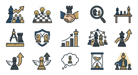 Collection of Chess Icons Representing Strategy and Business Concepts. © To