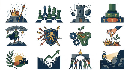 Collection of business strategy and success icons representing growth and challenges. © To