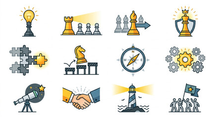 Collection of business strategy and success icons. © To