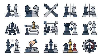 Collection of Chess Game Icons and Symbols Representing Strategy and Competition. © To