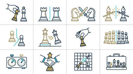 Collection of Chess Game Icons and Symbols Representing Strategy and Competition. © To