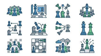 Collection of Chess Game Icons Representing Strategy and Competition. © To