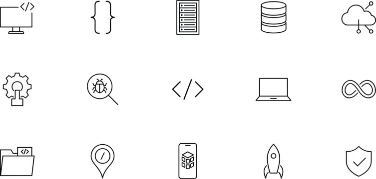 Vector linear icon set of software development programming coding tech server database cloud computing devops testing deployment and data security concepts