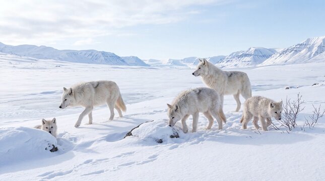 Arctic wolves pack walking in the snowy wilderness