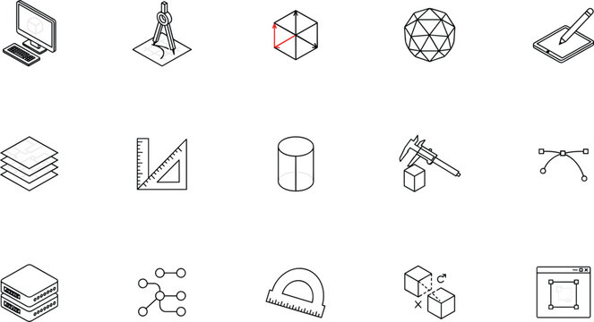 Vector linear icon set of 3D modeling computer aided design CAD engineering software tools geometric prototyping architectural drawing and digital manufacturing concepts