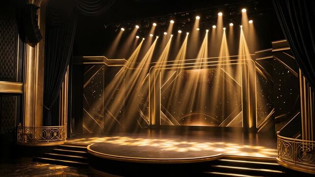 Bright lights shine down on an empty stage in a theater. The stage is set for a performance with a dark background. Audience chairs fill the front area, awaiting the show
