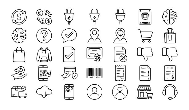 Dollar Exchange Electricity Power SSD and AI Line Icons Set with Shopping Cashback and Document Symbols Vector