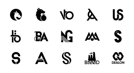 Collection of modern black with grid 14 black white logos plain white background identities typography minimalist abstract symbols graphic with brands © Kamola