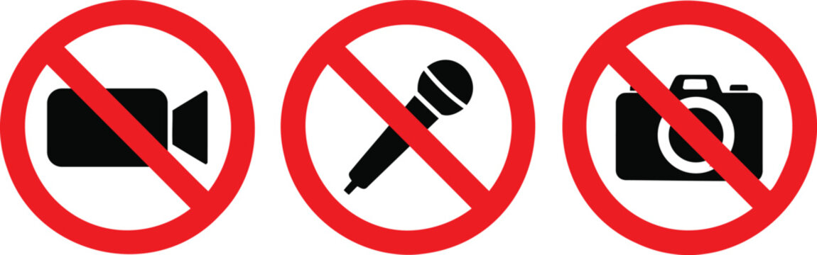Prohibition signs for recording and photography, no video camera and no microphone icons, red and black warning symbols for restricted areas