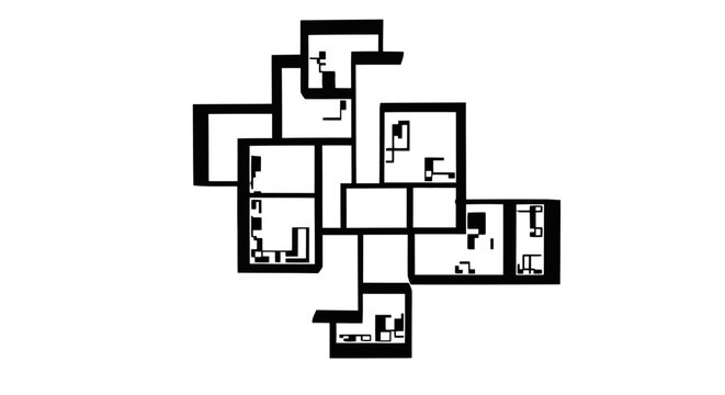 Detailed black and white floor plan with multiple rooms with technical drawing building layout building design space planning room layout with house plan
