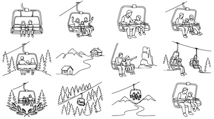 Ski Lift Cable Car People Mountain Landscape Winter Holiday Fun Line Art Icons © Fajar