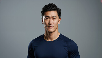 Fototapeta premium トレーニングウェアを着用し引き締まった表情で立つ日本人男性アスリート